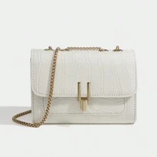 Plain Color Women's Chain Strap Crossbody Shoulder Bag - Beige - View 1