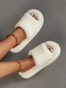 Preppy Bedroom Slippers For Women, Fluffy Simple Home Slippers - White - View 3