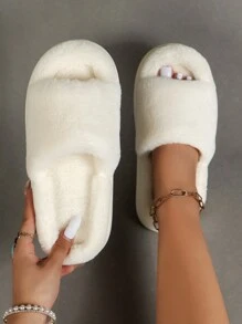 Preppy Bedroom Slippers For Women, Fluffy Simple Home Slippers - White - View 1