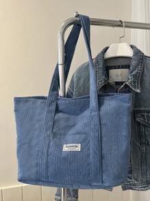 Bolso Grande Minimalista De Color Sólido De Pana Con Gran Capacidad - Azul - Ver 7