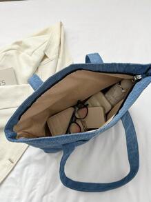 Bolso Grande Minimalista De Color Sólido De Pana Con Gran Capacidad - Azul - Ver 10