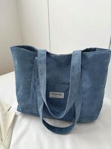 Bolso Grande Minimalista De Color Sólido De Pana Con Gran Capacidad - Azul - Ver 9