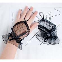 1 件女士短款黑色手套，带蕾丝花边、蝴蝶结和透明网眼蝴蝶装饰，适合婚礼和节日 - 黑色 - 查看 5