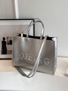 Large Capacity Women's Tote Bag With Letter Print - Silver - View 1