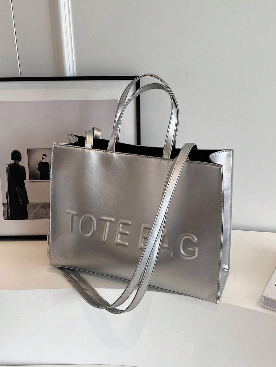 Large Capacity Women's Tote Bag With Letter Print - Silver - View 1