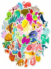 50pcs/Pack Ocean Animal Cartoon Stickers For Children,Featuring Dolphins,Sharks,And Other Marine Creatures,Suitable For Festival Gifts Decoration Of Luggage,Phone,Water Bottle,Computer,Car,And Stationery.,Stickers,Kids Stickers,Stickers Kids,Wall Stickers For Girls,Beach Sticker,Aquarium Stickers