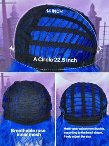 藍色斜劉髮型的自然凌亂中長捲髮合成假髮,適用於日常聚會和萬聖節假髮 - 藍色 - 查看 10