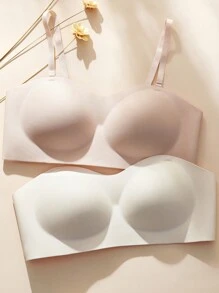 2pcs/set Solid Color Strapless Bra, Removable Straps, Anti-slip And Seamless, Suitable For Small-breast - Multicolor - View 5
