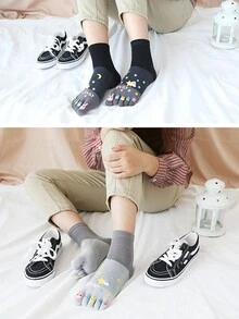 5pairs Women's Creative Cartoon Character Personalized Five Toe Mid-Calf Socks For Autumn And Winter - Multicolor - View 3