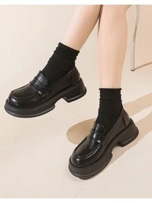 女款秋季新鞋款 學院風格 Pu 皮革高跟鞋 厚底樂福鞋 適合辦公室女士