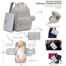 Vegan Leather Diaper Bag Backpack With Changing Pad And Pacifier Holder, Multi-Functional Baby Bag For Boy Girl, Waterproof For Travel, Perfect Baby Shower Gifts For Mom, Dad, Newborn - Xám - Xem 3