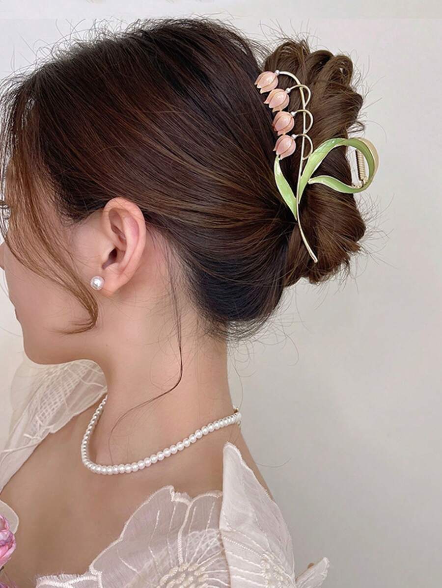 1 件女士多色花朵和叶子设计合金和人造珍珠和水滴形珠饰发夹波西米亚风