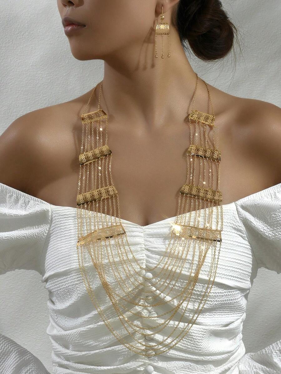 3pcs Set Luxurious European Style Bridal Jewelry, Trapezoid Hollow Flower, Multi-Layer Tassel Necklace And Earrings, Women Party Wedding Decoration
