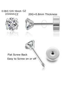 3 对扁平螺丝背 CZ 耳钉，适合女士，女孩时尚耳钉，银色小号扁平方晶锆石耳钉，耳钉，防过敏钢耳钉，耳钉，2/3/4 毫米 - 3 對 CZ 耳釘套裝 - 查看 3