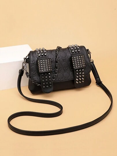 Bolso de hombro con decoración de tachuelas góticas, bolso cruzado con calavera de Halloween, bolsos y carteras vintage con cadena como regalo del Día de San Valentín, bolsos de Halloween perfectos para fiestas de disfraces