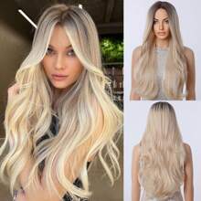 铂金浅金色长波浪假发，26英寸中分合成假发，适合女性日常使用度假派对节日自然性感浪漫简约休闲万圣节圣诞节角色扮演服装耐热纤维假发 - 彩色 - 查看 1