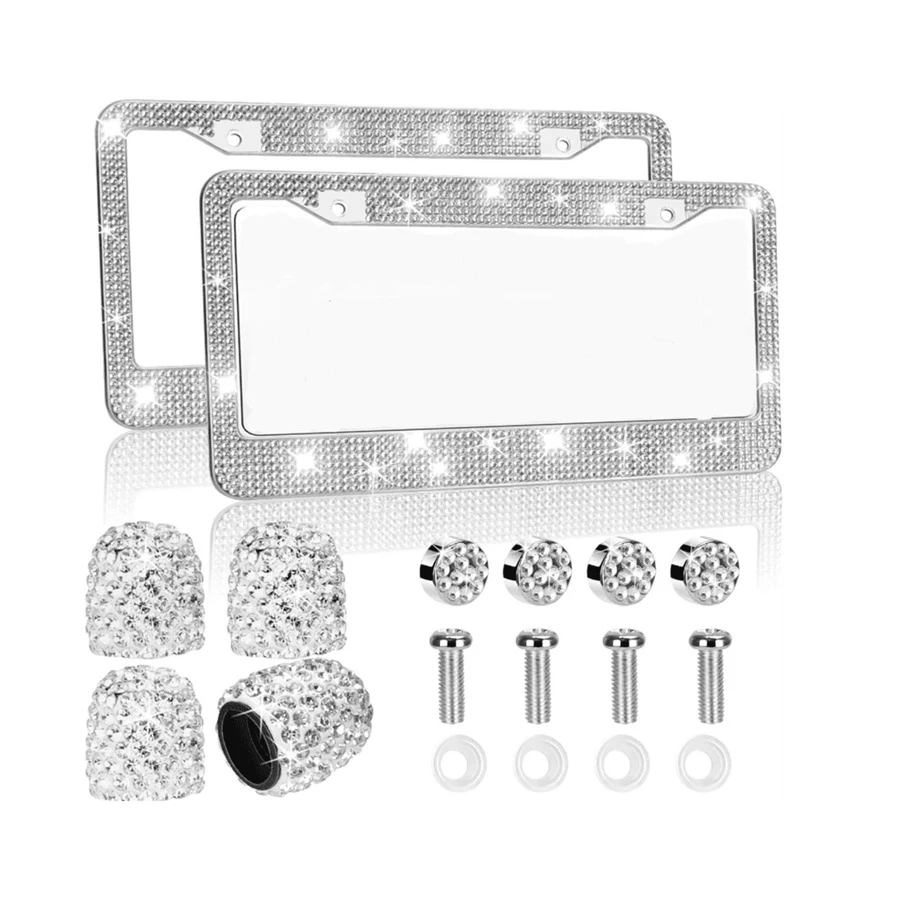 Bling Diamond License Plate Frames 2 Packs- AIRXWILLS Rhinestone License Plate Frames For Women, Stainless Steel Sparkly Car Plate Frame, 3 Styles To Choose:1PC/2pcs/2pcs+Bling Valve Stem Caps - White - View 1