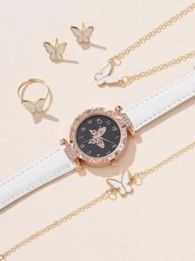 1pc Butterfly Print Dial Quartz Watch & 5pcs Jewelry Set - White - View 3