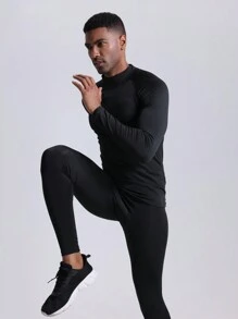 Áo thun thể thao dài tay cổ cao, co giãn cao, nhanh khô, kiểu dáng boyfriend, chống nắng, thích hợp cho chạy bộ, tập luyện, tập gym, màu đen, mùa xuân. - màu đen - Xem 5