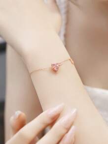 新品到貨925純銀Love星球&心形吊墜D豪華粉色的愛心形狀方晶鋯石銀手環適合女士,特色A方晶鋯石完美適合情人節,禮品,學生手環,畢業長度可調節 - 玫瑰金色愛心手鍊 - 查看 1