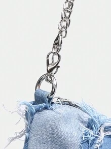 1 件装牛仔女士单肩包带链条肩带大容量时尚休闲单肩包，牛仔夏季手提包，女士腋下托特包 - 藍色 - 查看 3