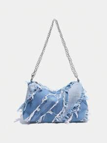 1 件装牛仔女士单肩包带链条肩带大容量时尚休闲单肩包，牛仔夏季手提包，女士腋下托特包 - 藍色 - 查看 1