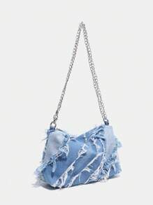 1 件装牛仔女士单肩包带链条肩带大容量时尚休闲单肩包，牛仔夏季手提包，女士腋下托特包 - 藍色 - 查看 2