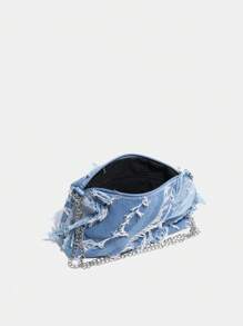 1 件装牛仔女士单肩包带链条肩带大容量时尚休闲单肩包，牛仔夏季手提包，女士腋下托特包 - 藍色 - 查看 4