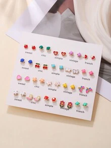 40pcs Heart-shaped, Butterfly, Dragonfly & Mermaid Rhinestone Stud Earrings For Women, Sweet & Lovely Set - Multicolor - View 2