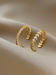 2 stuks Europese en Amerikaanse minimalistische veelzijdige ontwerp luxe zirkonia stenen blad tarwe decoratie ringset, chique gevoel