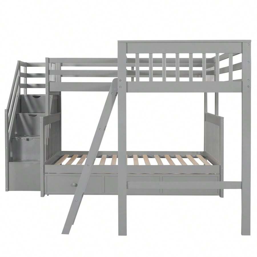 Twin Over Full LShaped Solid Wood Bunk Beds with Guard Rail, Bunk Bed