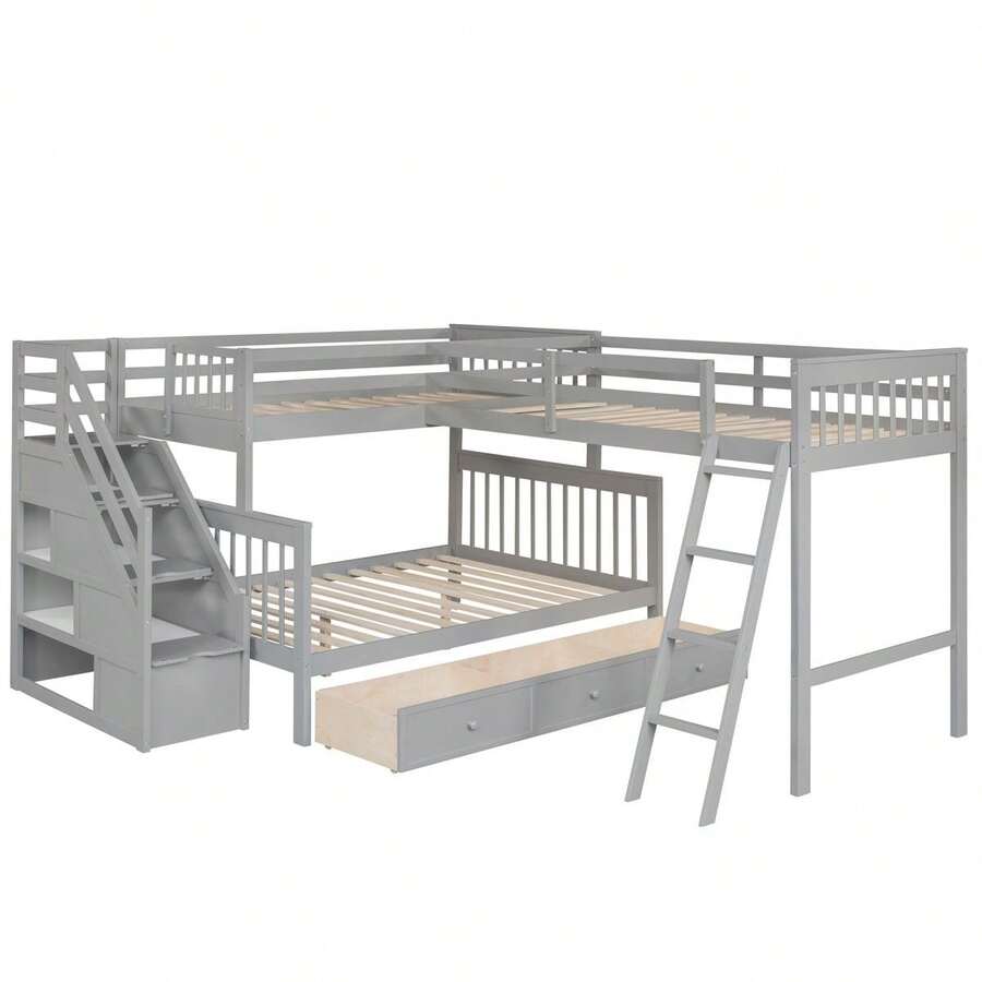 Twin Over Full LShaped Solid Wood Bunk Beds with Guard Rail, Bunk Bed