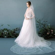 Simple Single Layer Bridal Veil With Satin Edge & Pencil Edge, Fingertip Length & Cathedral Length Available Fall Clothes For Women - Beige - View 3