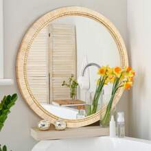 Round Rattan Mirror, 24 Inch Boho Circle Rattan Wall Mirror - Ginger - View 2