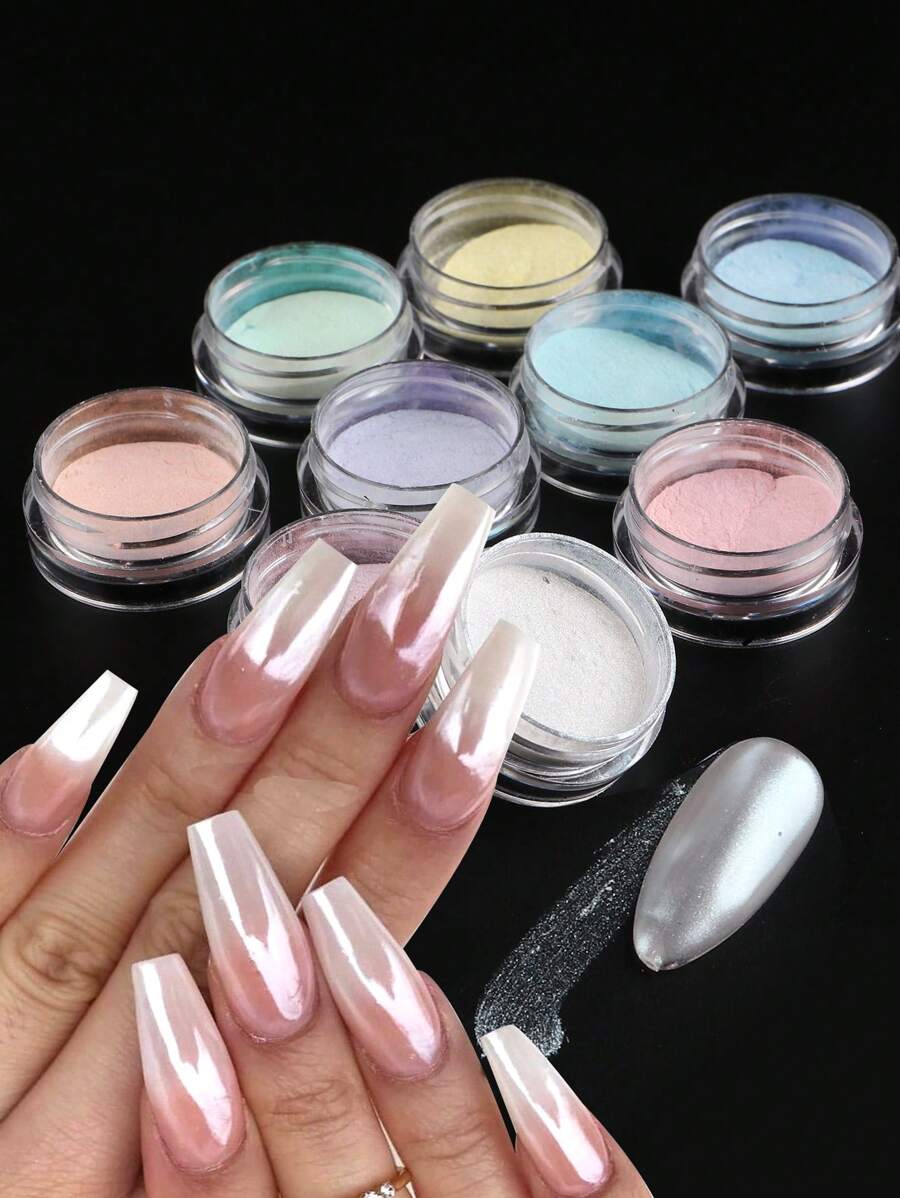 FULL BEAUTY 9 件装白色镀铬指甲仙女粉彩虹闪光极光镜面颜料全息指甲彩粉美甲配件
