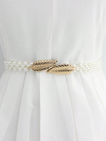 1 pieza Cinturón de mujer con perlas falsas y hebilla con hoja, perfecto para vestidos, cadena elástica para la cintura, decoración elegante y de moda para verano, escuela, otoño, Halloween