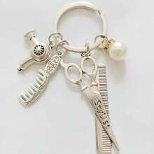 Y2K Barber Hairdryer Scissors Keychain Vintage Metal Keyring Wallet Bag Car Key Chain Pendant Gift Automotive Accessories Campus Goth Style - Silver - View 5