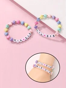 2pcs/set Colorful Heart Shaped Acrylic Beaded Bracelet For Girls With White Big Sis Lil Sis English Letters, Suitable For Daily Wear - Multicolor - View 3