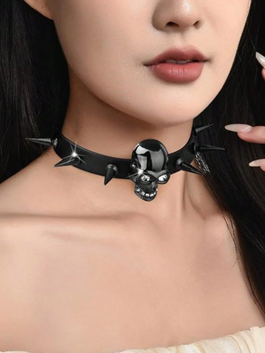 1 pieza punk rockero de cráneo Collar con colgante con picos & remaches , estilo gótico Gargantilla - Negro de pistola - Ver 1