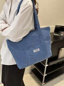 Bolso Grande Minimalista De Color Sólido De Pana Con Gran Capacidad - Azul - Ver 6