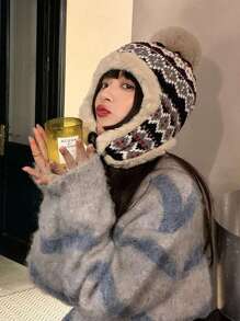 1pc Women's Guernsey Color Block Plush Warm Knitted Hat With Ear Protection For Riding, Thick Knit Trapper Hat For Christmas And Winter Outdoor Activities Boho