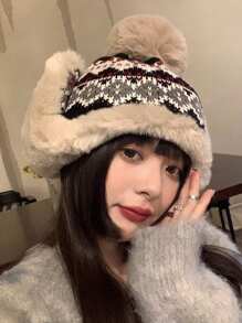 1pc Women's Guernsey Color Block Plush Warm Knitted Hat With Ear Protection For Riding, Thick Knit Trapper Hat For Christmas And Winter Outdoor Activities Boho