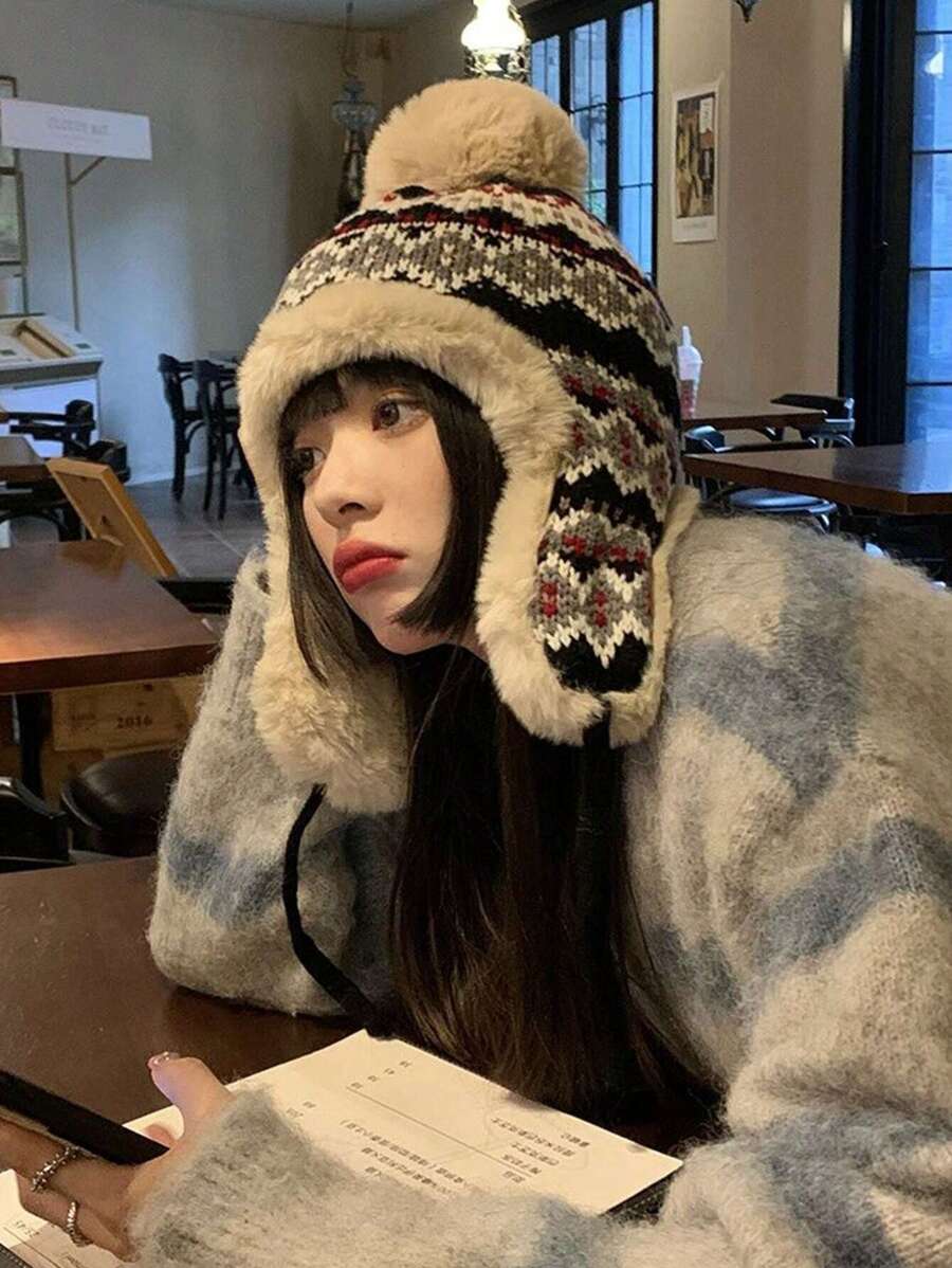 1pc Women's Guernsey Color Block Plush Warm Knitted Hat With Ear Protection For Riding, Thick Knit Trapper Hat For Christmas And Winter Outdoor Activities Boho