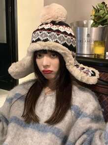 1pc Women's Guernsey Color Block Plush Warm Knitted Hat With Ear Protection For Riding, Thick Knit Trapper Hat For Christmas And Winter Outdoor Activities Boho