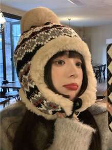 1pc Women's Guernsey Color Block Plush Warm Knitted Hat With Ear Protection For Riding, Thick Knit Trapper Hat For Christmas And Winter Outdoor Activities Boho