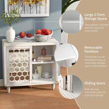 SUNBURY Storage Cabinet with Sliding Doors, Mirror Accent Cabinet Free Standing Living Room Wooden Sideboard Farmhouse Buffet Cabinet for Kithcen Bedroom Hallway Entryway - White - View 4