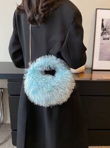 Fashionable Plush Zipper Bag For Autumn And Winter, Simple Style - Dusty Blue - View 2