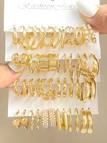 24對簡約時尚休閒復古c形波浪擬珍珠耳環,適合女性日常穿著 - 金黃色 - 查看 1