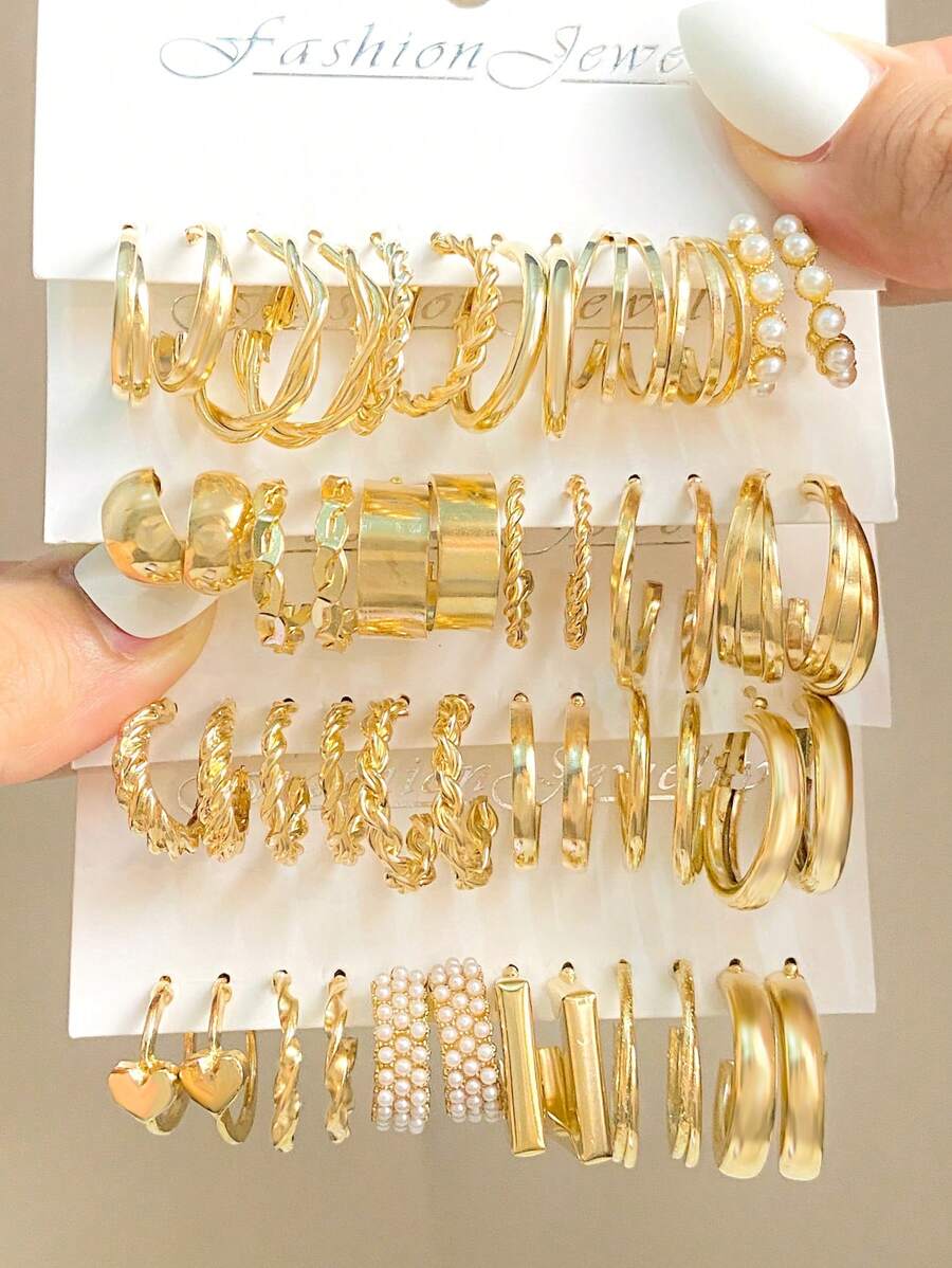 24對簡約時尚休閒復古c形波浪擬珍珠耳環,適合女性日常穿著 - 金黃色 - 查看 1