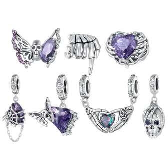 bamoer 1 件 925 純銀萬聖節系列骷髏珠蝴蝶骷髏吊墜女士手鍊和手鐲 Diy 精美珠寶